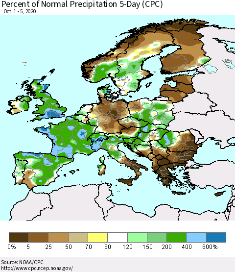 Europe Percent of Normal Precipitation 5-Day (CPC) Thematic Map For 10/1/2020 - 10/5/2020