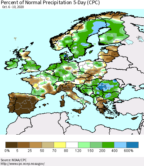 Europe Percent of Normal Precipitation 5-Day (CPC) Thematic Map For 10/6/2020 - 10/10/2020