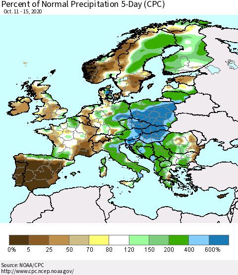 Europe Percent of Normal Precipitation 5-Day (CPC) Thematic Map For 10/11/2020 - 10/15/2020