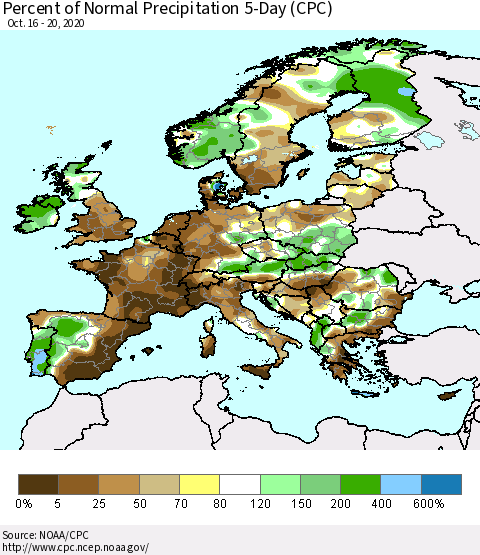 Europe Percent of Normal Precipitation 5-Day (CPC) Thematic Map For 10/16/2020 - 10/20/2020