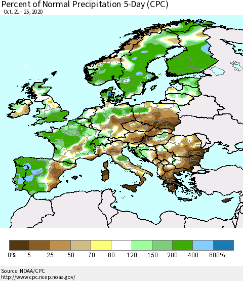 Europe Percent of Normal Precipitation 5-Day (CPC) Thematic Map For 10/21/2020 - 10/25/2020