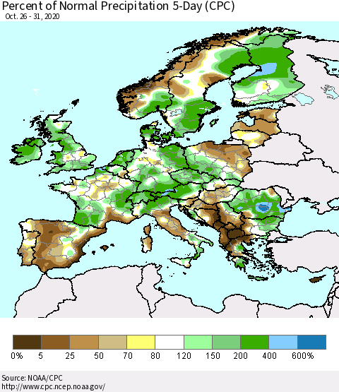 Europe Percent of Normal Precipitation 5-Day (CPC) Thematic Map For 10/26/2020 - 10/31/2020