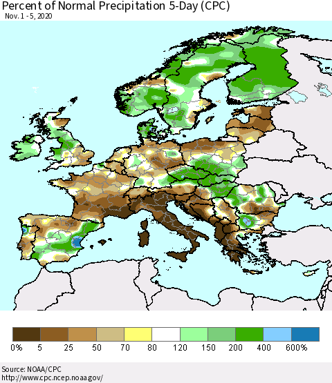 Europe Percent of Normal Precipitation 5-Day (CPC) Thematic Map For 11/1/2020 - 11/5/2020