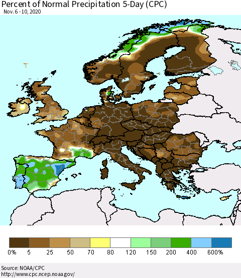 Europe Percent of Normal Precipitation 5-Day (CPC) Thematic Map For 11/6/2020 - 11/10/2020
