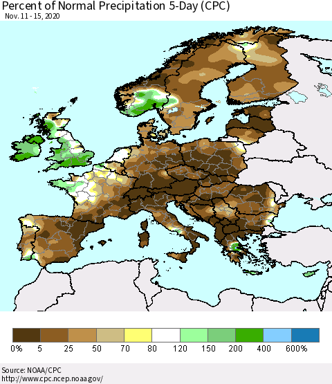 Europe Percent of Normal Precipitation 5-Day (CPC) Thematic Map For 11/11/2020 - 11/15/2020