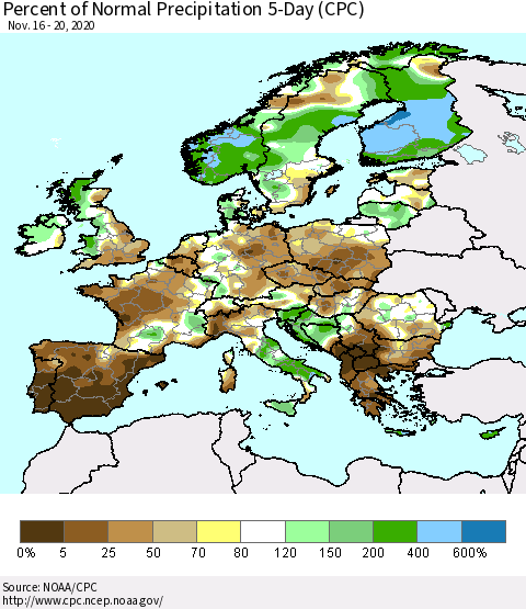 Europe Percent of Normal Precipitation 5-Day (CPC) Thematic Map For 11/16/2020 - 11/20/2020