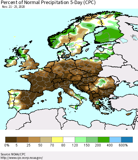 Europe Percent of Normal Precipitation 5-Day (CPC) Thematic Map For 11/21/2020 - 11/25/2020