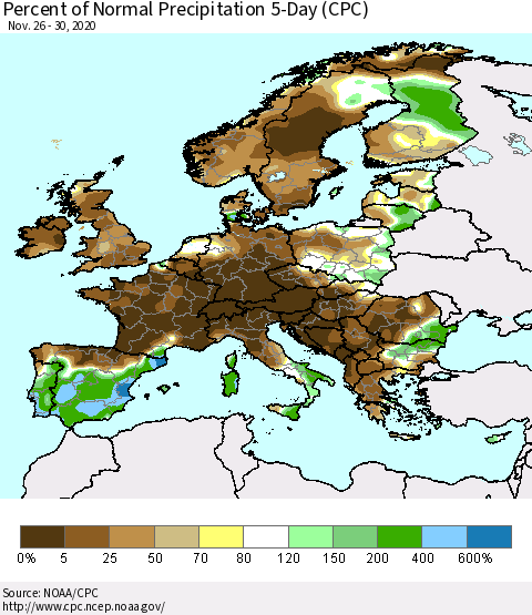 Europe Percent of Normal Precipitation 5-Day (CPC) Thematic Map For 11/26/2020 - 11/30/2020