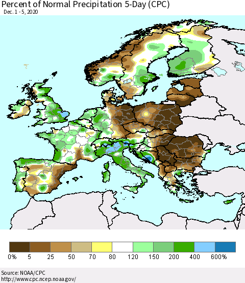 Europe Percent of Normal Precipitation 5-Day (CPC) Thematic Map For 12/1/2020 - 12/5/2020