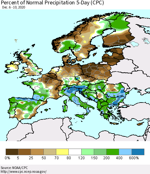 Europe Percent of Normal Precipitation 5-Day (CPC) Thematic Map For 12/6/2020 - 12/10/2020