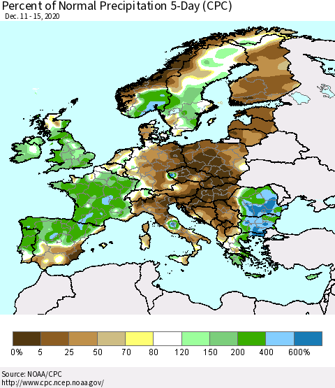 Europe Percent of Normal Precipitation 5-Day (CPC) Thematic Map For 12/11/2020 - 12/15/2020