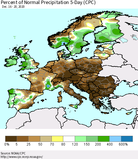 Europe Percent of Normal Precipitation 5-Day (CPC) Thematic Map For 12/16/2020 - 12/20/2020