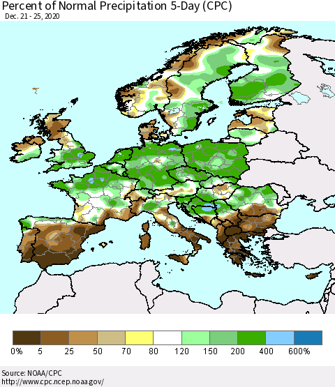 Europe Percent of Normal Precipitation 5-Day (CPC) Thematic Map For 12/21/2020 - 12/25/2020
