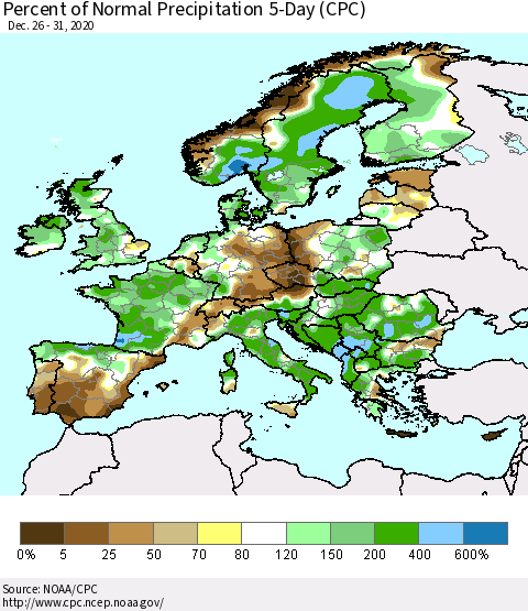 Europe Percent of Normal Precipitation 5-Day (CPC) Thematic Map For 12/26/2020 - 12/31/2020
