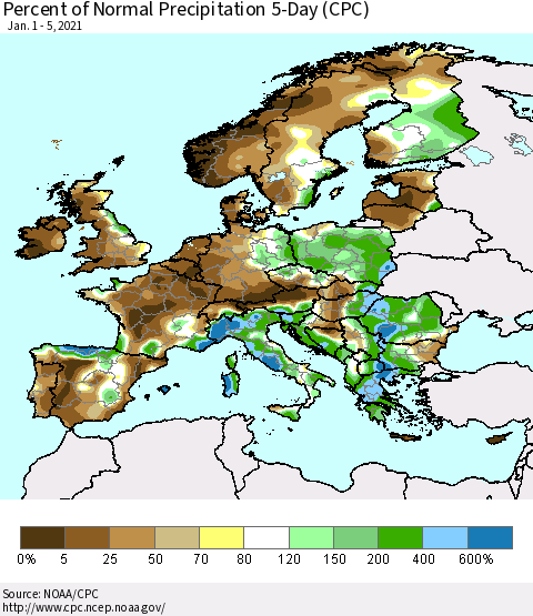 Europe Percent of Normal Precipitation 5-Day (CPC) Thematic Map For 1/1/2021 - 1/5/2021