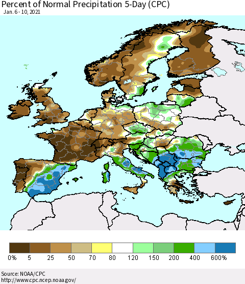 Europe Percent of Normal Precipitation 5-Day (CPC) Thematic Map For 1/6/2021 - 1/10/2021