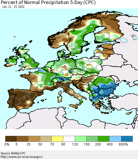 Europe Percent of Normal Precipitation 5-Day (CPC) Thematic Map For 1/11/2021 - 1/15/2021