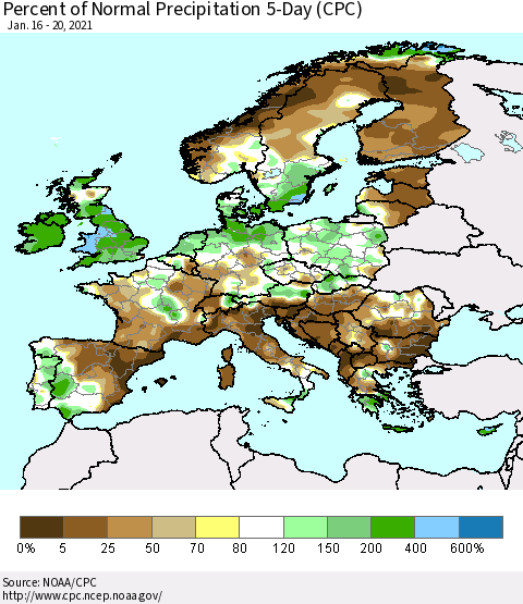 Europe Percent of Normal Precipitation 5-Day (CPC) Thematic Map For 1/16/2021 - 1/20/2021