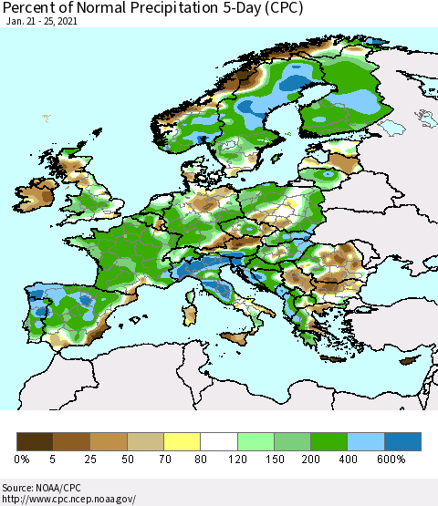 Europe Percent of Normal Precipitation 5-Day (CPC) Thematic Map For 1/21/2021 - 1/25/2021