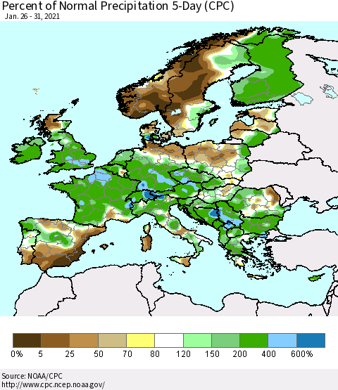 Europe Percent of Normal Precipitation 5-Day (CPC) Thematic Map For 1/26/2021 - 1/31/2021