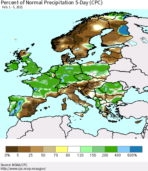 Europe Percent of Normal Precipitation 5-Day (CPC) Thematic Map For 2/1/2021 - 2/5/2021