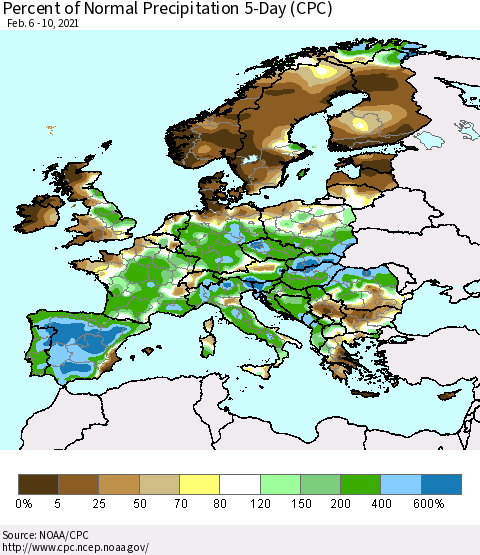 Europe Percent of Normal Precipitation 5-Day (CPC) Thematic Map For 2/6/2021 - 2/10/2021