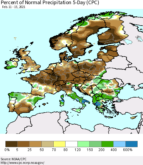 Europe Percent of Normal Precipitation 5-Day (CPC) Thematic Map For 2/11/2021 - 2/15/2021