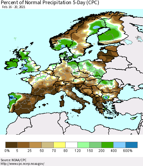 Europe Percent of Normal Precipitation 5-Day (CPC) Thematic Map For 2/16/2021 - 2/20/2021