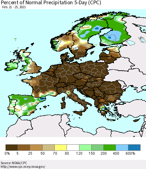 Europe Percent of Normal Precipitation 5-Day (CPC) Thematic Map For 2/21/2021 - 2/25/2021
