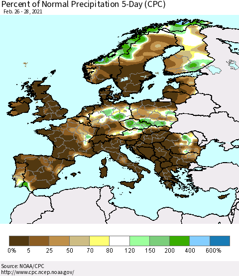 Europe Percent of Normal Precipitation 5-Day (CPC) Thematic Map For 2/26/2021 - 2/28/2021