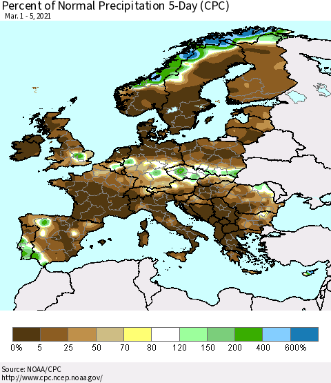 Europe Percent of Normal Precipitation 5-Day (CPC) Thematic Map For 3/1/2021 - 3/5/2021