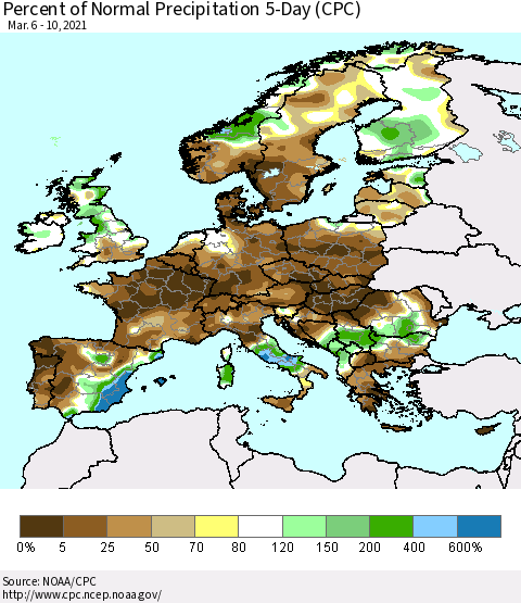 Europe Percent of Normal Precipitation 5-Day (CPC) Thematic Map For 3/6/2021 - 3/10/2021