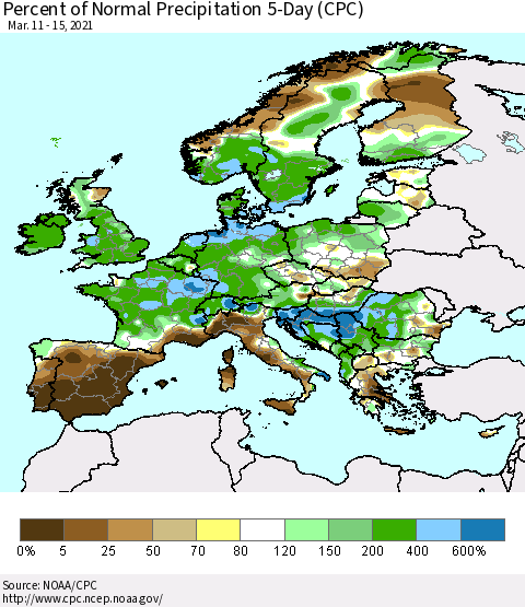 Europe Percent of Normal Precipitation 5-Day (CPC) Thematic Map For 3/11/2021 - 3/15/2021