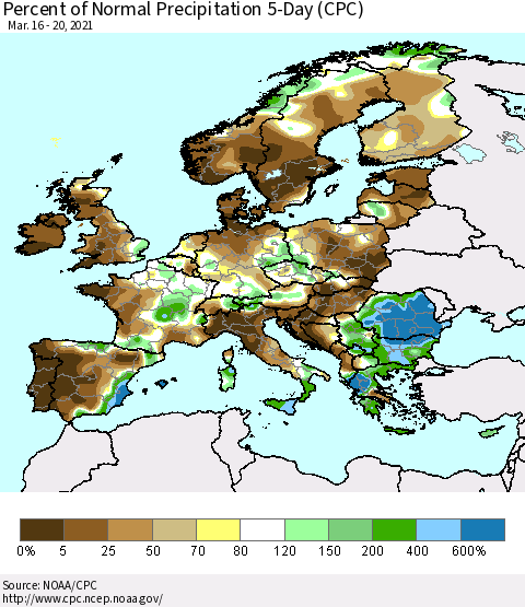 Europe Percent of Normal Precipitation 5-Day (CPC) Thematic Map For 3/16/2021 - 3/20/2021