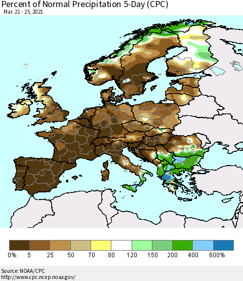 Europe Percent of Normal Precipitation 5-Day (CPC) Thematic Map For 3/21/2021 - 3/25/2021