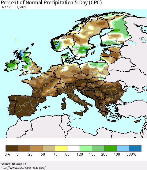 Europe Percent of Normal Precipitation 5-Day (CPC) Thematic Map For 3/26/2021 - 3/31/2021