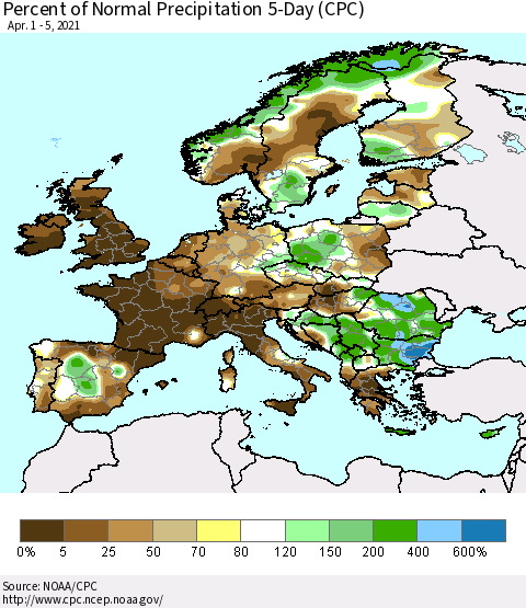 Europe Percent of Normal Precipitation 5-Day (CPC) Thematic Map For 4/1/2021 - 4/5/2021