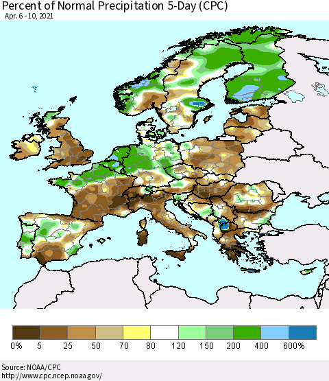 Europe Percent of Normal Precipitation 5-Day (CPC) Thematic Map For 4/6/2021 - 4/10/2021