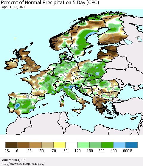 Europe Percent of Normal Precipitation 5-Day (CPC) Thematic Map For 4/11/2021 - 4/15/2021