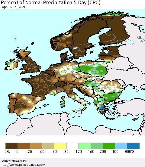 Europe Percent of Normal Precipitation 5-Day (CPC) Thematic Map For 4/16/2021 - 4/20/2021