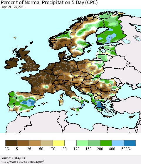Europe Percent of Normal Precipitation 5-Day (CPC) Thematic Map For 4/21/2021 - 4/25/2021