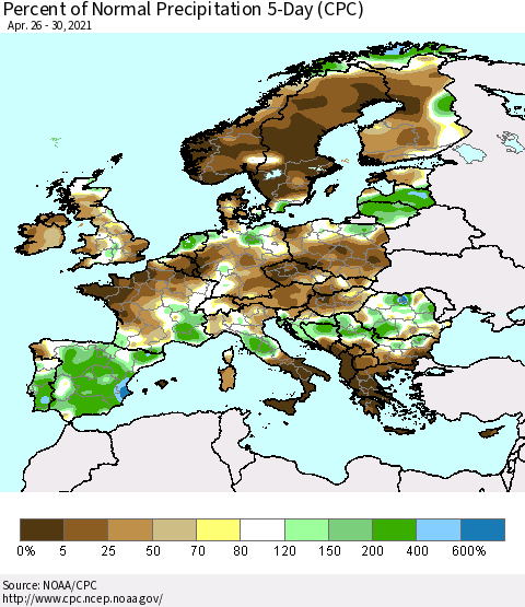 Europe Percent of Normal Precipitation 5-Day (CPC) Thematic Map For 4/26/2021 - 4/30/2021