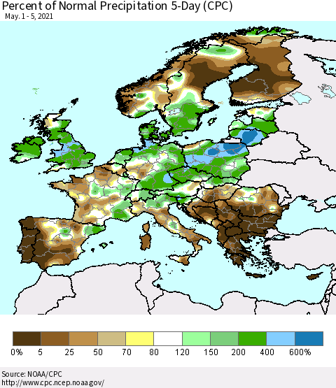 Europe Percent of Normal Precipitation 5-Day (CPC) Thematic Map For 5/1/2021 - 5/5/2021