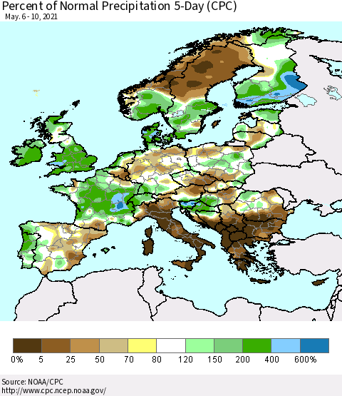 Europe Percent of Normal Precipitation 5-Day (CPC) Thematic Map For 5/6/2021 - 5/10/2021