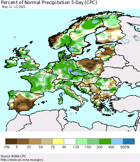 Europe Percent of Normal Precipitation 5-Day (CPC) Thematic Map For 5/11/2021 - 5/15/2021