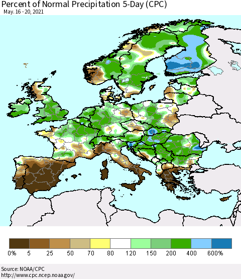 Europe Percent of Normal Precipitation 5-Day (CPC) Thematic Map For 5/16/2021 - 5/20/2021