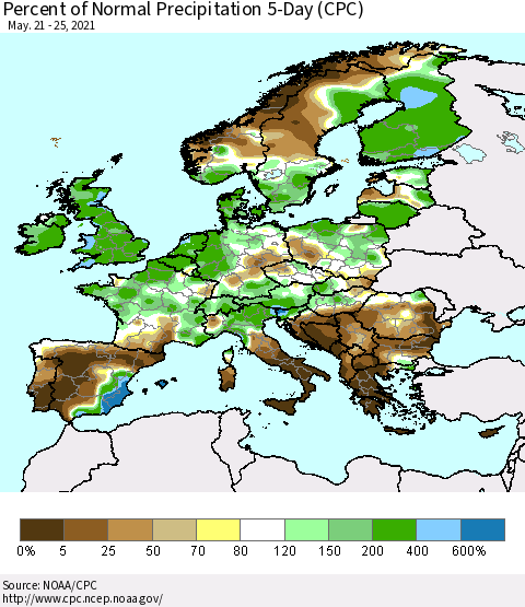 Europe Percent of Normal Precipitation 5-Day (CPC) Thematic Map For 5/21/2021 - 5/25/2021