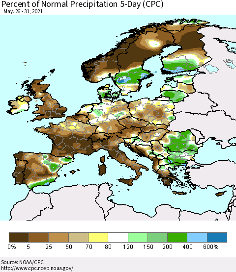 Europe Percent of Normal Precipitation 5-Day (CPC) Thematic Map For 5/26/2021 - 5/31/2021