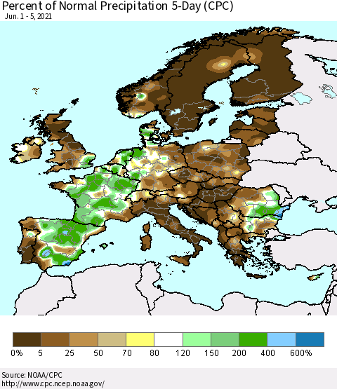 Europe Percent of Normal Precipitation 5-Day (CPC) Thematic Map For 6/1/2021 - 6/5/2021