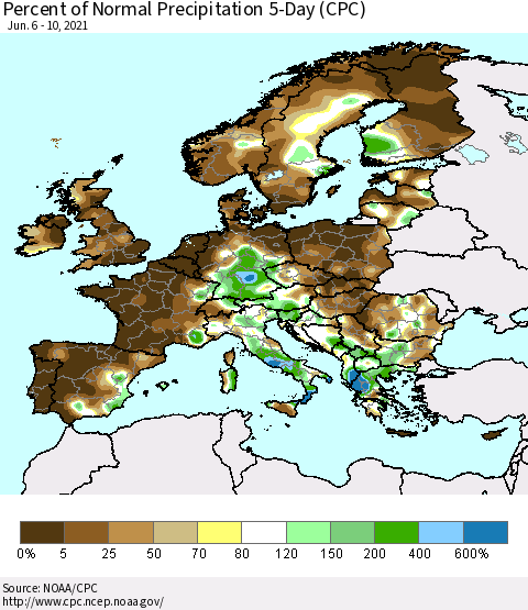 Europe Percent of Normal Precipitation 5-Day (CPC) Thematic Map For 6/6/2021 - 6/10/2021